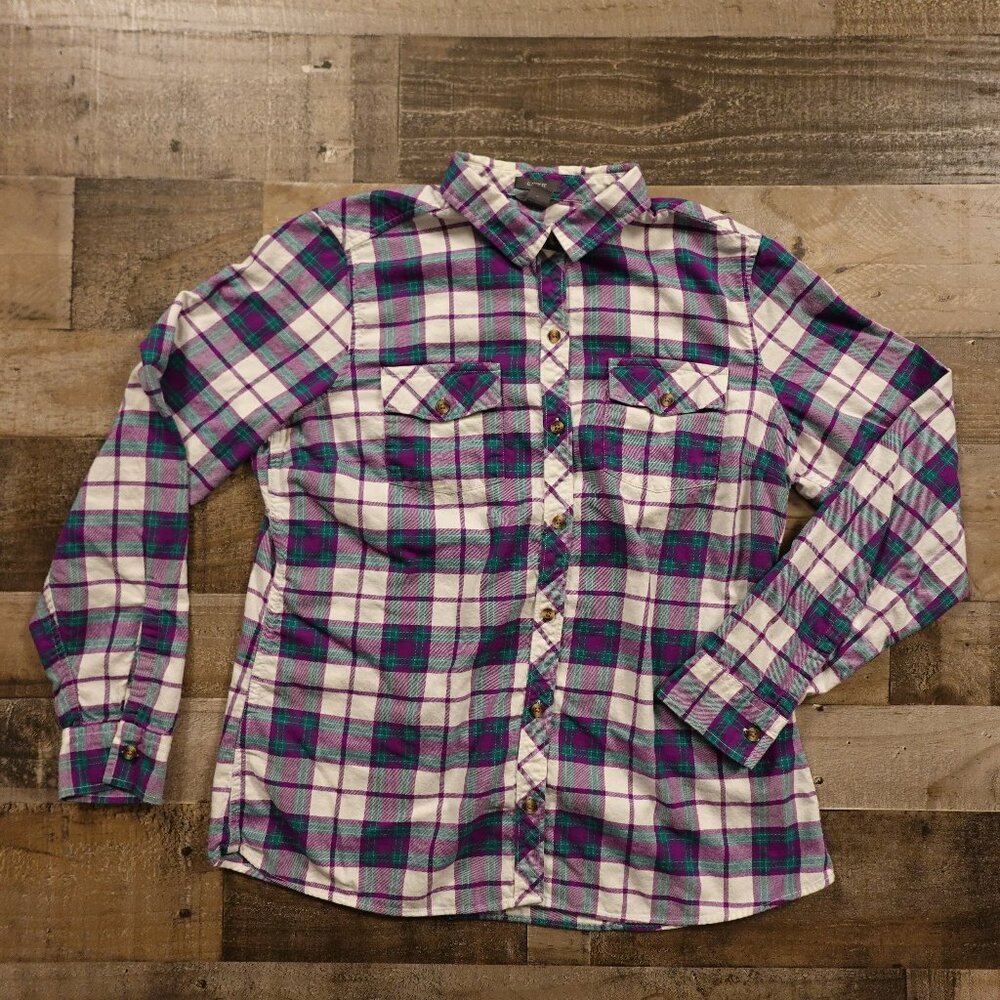 Eddie‎ Bauer Plaid Flannel Shirt Women’s Large Purple Teal Classic Fit 100%